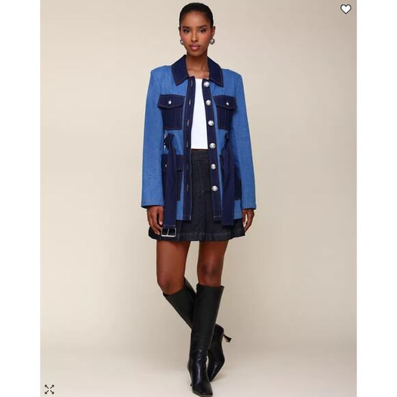 NEW Avec Les Filles Denim Military Jacket Small Blue Jean Cargo Belted Blazer - Picture 16 of 16